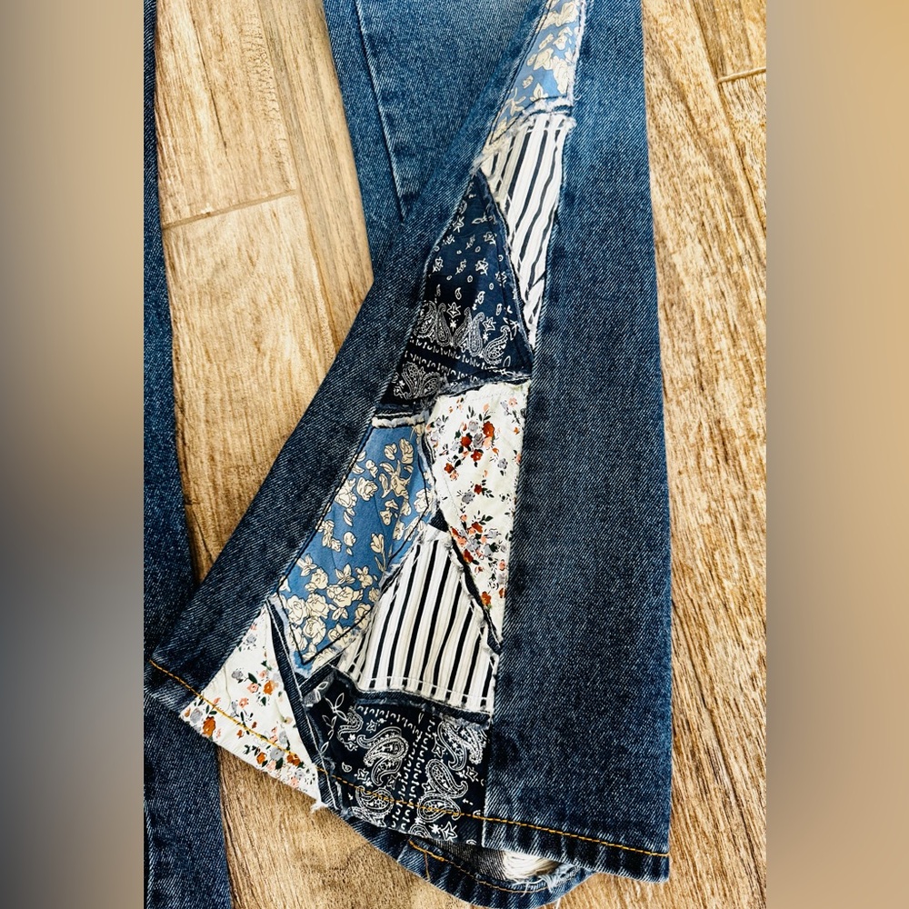 DRIFTWOOD Blue Vintage Wash Flare Jeans with Printed Panel Insets